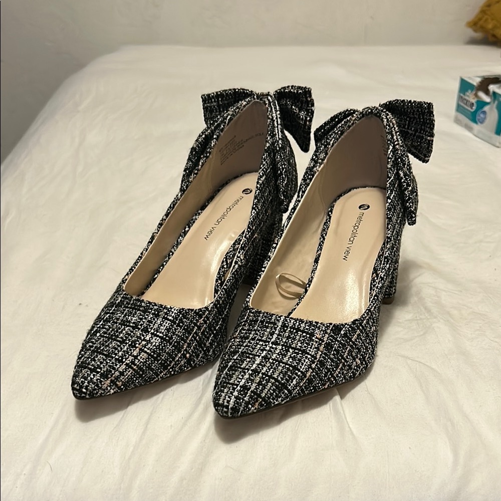 New Look Black and White Heels with Bow Detail